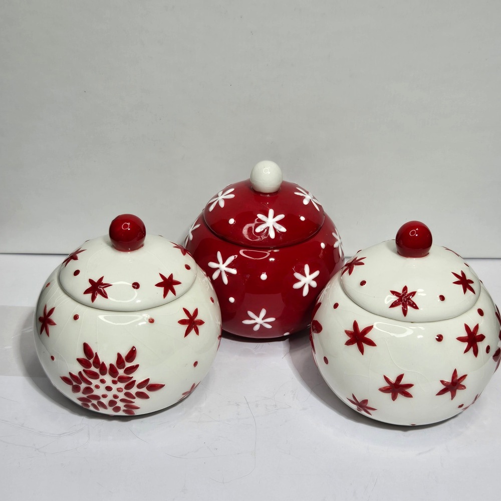 Jackson & Perkins Holiday Ceramic Mini Canister Set Red White 3pc Cottagecore